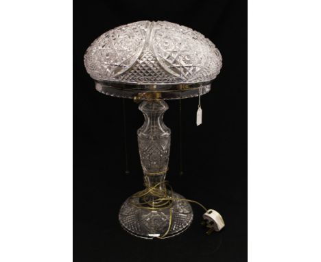  An early 20th Century clear cut glass table lamp, dome shade, double light fitting, baluster base, height 43cm