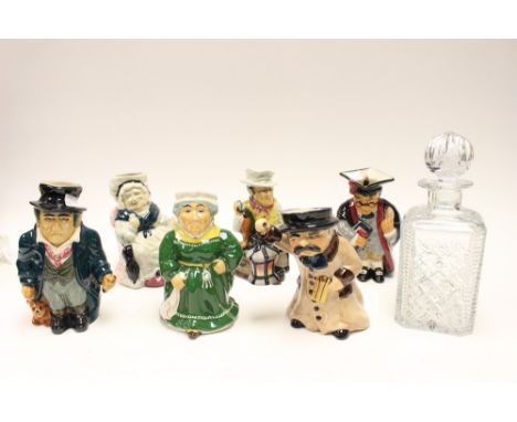 Six Roy Kirkham pottery character juigs to include 'The Night Watchman', and a cut glass decanter (7) 