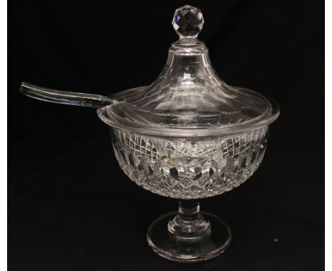  An early 20th Century cut glass punch bowl, cover and ladle (3), ladle repaired