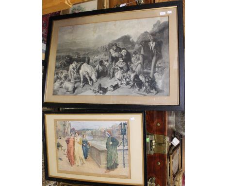 Large engraving of a genre scene with figures and cattle, together with an early-20th century colour print of 'The Meeting of