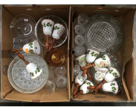 Two boxes of assorted glass to include sewing dishes, bowls, cut glass ware, etc and ceramic bells 'Christmas' (two boxes) 