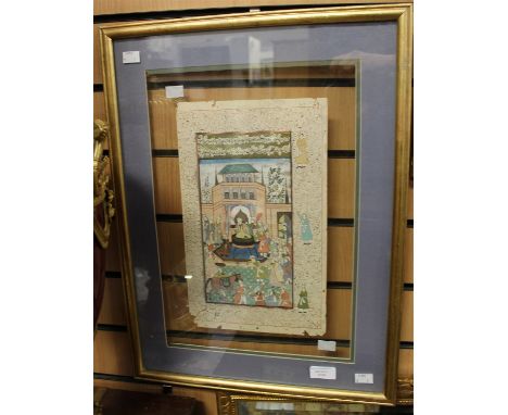 Indian School, probably 18th or 19th century, manuscript leaf depicting Mughal court scene, heightened with gold, floral scro