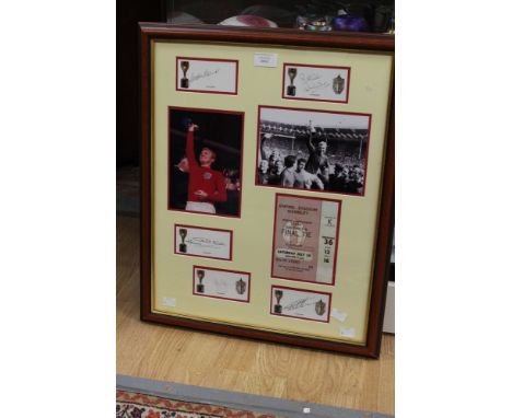 A framed and glazed World Cup 1966 montage comprising five signatures: Banks, Ball, Wilson, Hurst and Charlton to include a p