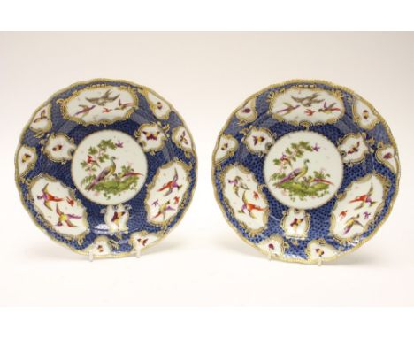 Pair of Worcester style  cabinet plates, hand painted with birds and insects in cartouche, shaped and gadrooned gilded rims, 