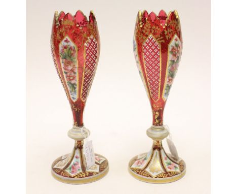 A pair of Bohemian glass 19th century tulip shaped vases with enamel and gilt panels, cutting etc a/f (2)