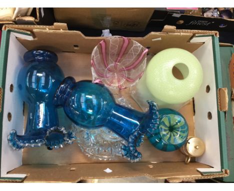 A pair of large blue glass vases, Mdina signed glass vase, vaseline coloured large lamp shade, Venetian pink glass vase, etc 