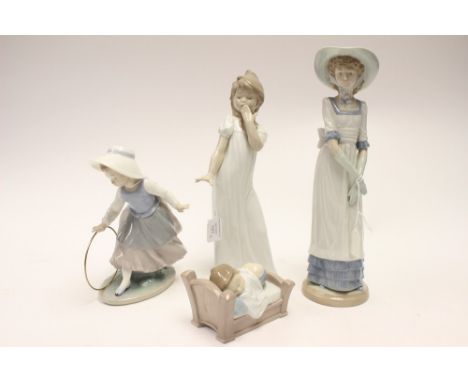 Collection of four Nao figurines including tired angel, girl with a hoop, lady and sleeping boy (4) 