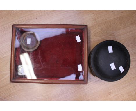 A 19th century spice tin, a display box and an enamel box with badges, watch keys and buttons etc, frame (3)