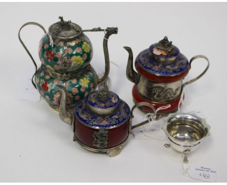 Three various Oriental cloisonne and ceramic silver/white metal mounted teapots, two with agate rings to body together with a
