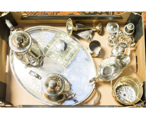 A collection of silver plated items including teaset, large tray, salt and pepper pots, cut glass and plated pot pourri box; 