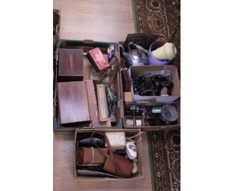 A quantity of vintage household items, including cameras, tools, treen, ash trays, bakelite fittings, etc. (five boxes)