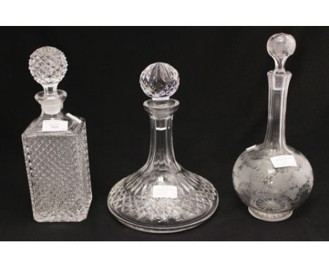 ****Ex Luddington Manor****Etched glass decanter and stopper, a ships glass decanter and stopper and a moulded glass decanter