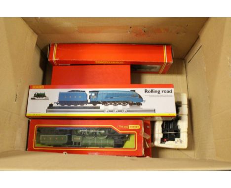 Six boxed Hornby 00/H0 scale locomotives, some boxed not original, and a boxed rolling road