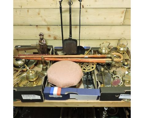 Three boxes of brass and copper items, to include walking sticks and fire tools