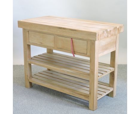 A light oak kitchen island, with shelves below, 120cm