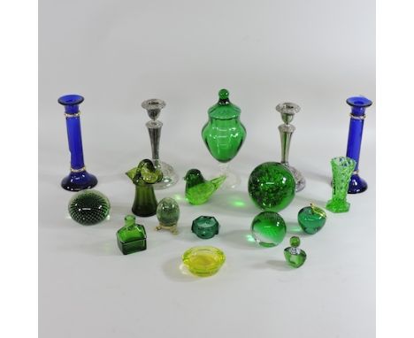 A collection of glassware, to include a Royal Doulton crystal dish, 33cm, coloured glass candlesticks and paperweights