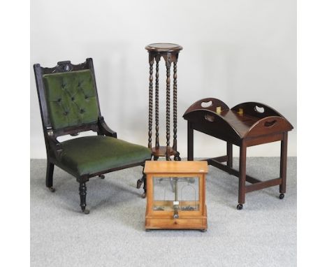 An Edwardian green upholstered side chair, together with a jardiniere stand, a butler's tray and a set of cased scales
