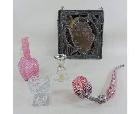 A stained glass panel, together with a Nailsea type glass pipe and three various glass items (5)