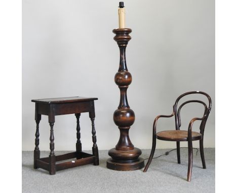 A 17th century style oak stool, 50cm, together with a Thonet style child's chair and a turned wooden standard lamp (3)