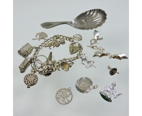A collection of silver charms, together with a charm bracelet and a Georgian caddy spoon