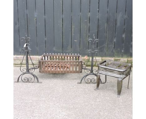 A cast iron fire grate, 63cm, together with a pair of fire dogs, a footman and a butler's sink