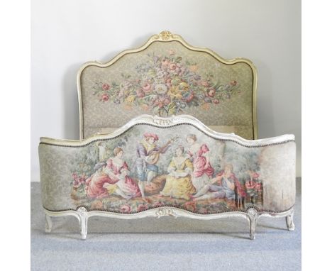 A tapestry upholstered cream painted French bed frame, 160cm 