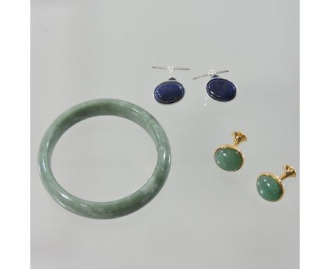 A jade coloured bangle, together with jade cufflinks and lapis lazuli silver cufflinks   