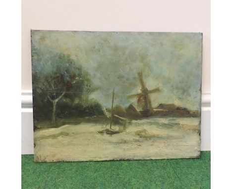 Continental school, early 20th century, winter scene with a windmill, oil on panel, unframed, signed indistinctly, 28 x 37cm