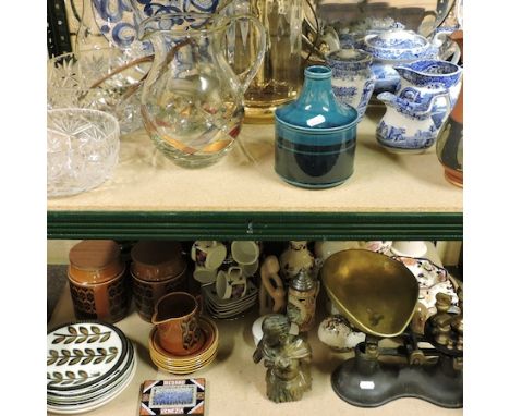 Four shelves of ceramics and glassware, to include Royal Doulton and silver plated wares, together with a silver plated dish,