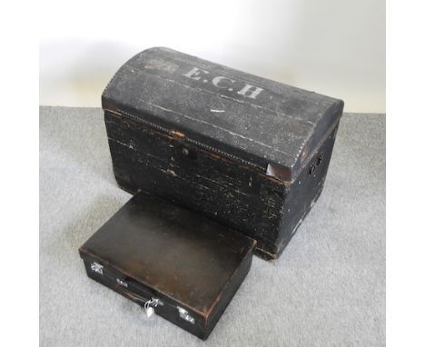 A 19th century dome top travelling trunk, 84cm, together with a brown leather suitcase by Drew and Sons
