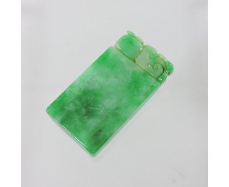 A jade coloured hardstone seal, 8.5cm high