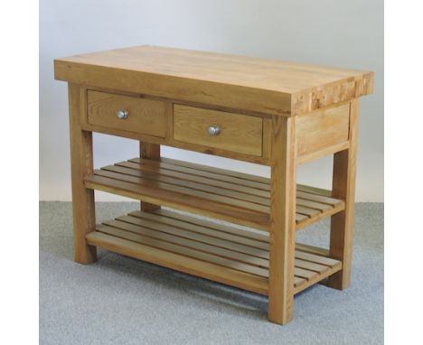 A light oak kitchen island, with shelves below, 120 x 60cm