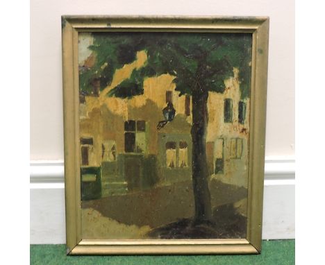 English school, circa 1900, sunlit street scene, oil on panel, 34 x 28cm