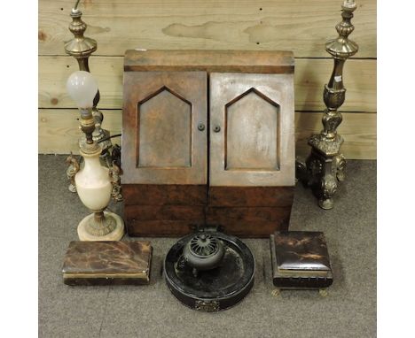 A Victorian walnut stationery cabinet, 38cm, together with a pair of brass altar sticks converted into table lamps, another t