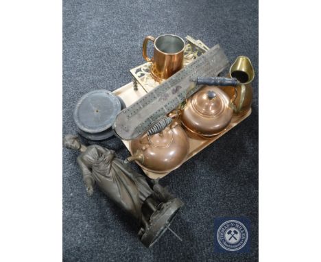 A tray of antique and later brass, copper, Spelter lady figure, cribbage board etc