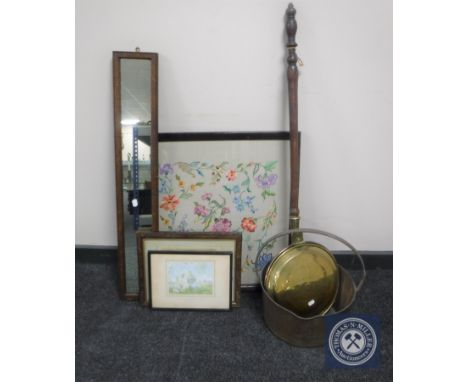 A brass bed-warming pan together with a brass jam pan, an early 20th century oak framed tapestry, narrow oak framed mirror, t