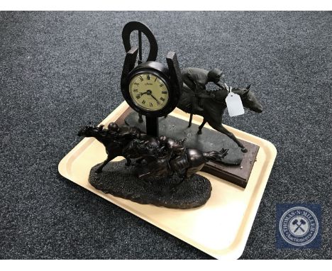 A Juliana horse racing mantel clock together with a figure of a horse and jockey 