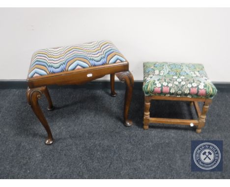 An antique mahogany tapestry upholstered dressing table stool together with an oak footstool