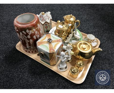 A tray containing Japanese lustre vase and china caddy, Sadley teapot, Nao figure, Royal Worcester salt and pepper pots, pair