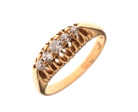 18ct gold graduated five stone diamond ring, size O, 4.4g gross approx   Condition: 
