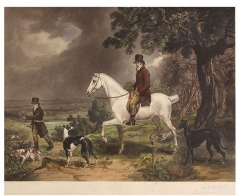 Joseph Pratt (engraver) - Early 20th Century mezzotint - A period landscape with figure on horseback and hunting dogs, signed