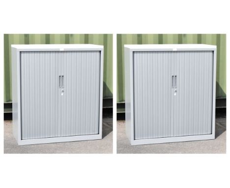 Two grey-finished tambour-front office filing cabinets, each 100cm x 40cm x 110.5cm high (2)   Condition: The image for this 