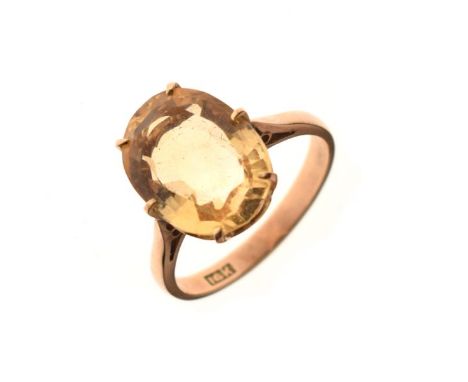 Dress ring set oval citrine coloured stone, the shank stamped '14k', size P   Condition: 