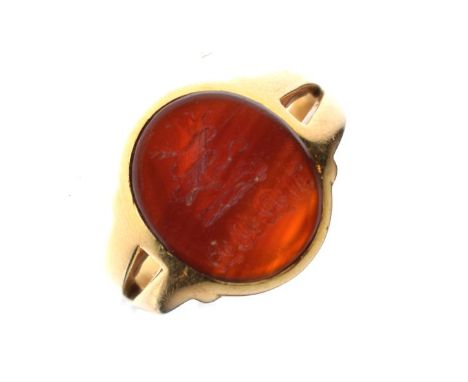Gold coloured metal seal ring, size L, 4.1g gross   Condition: 