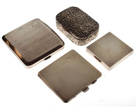 George VI engine turned silver square shaped powder compact, Birmingham 1947, two silver cigarette cases, Birmingham 1930 and