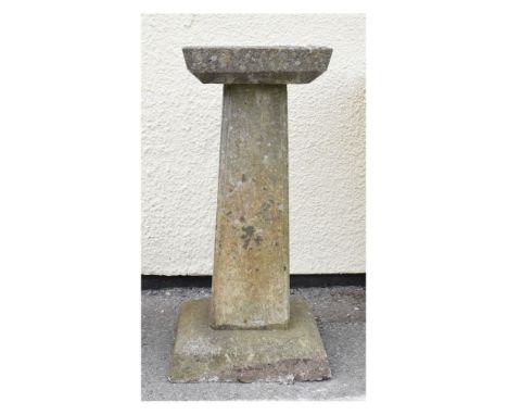 Reconstituted sundial pedestal of square form with inset copper plate, 80.5cm high   Condition: 