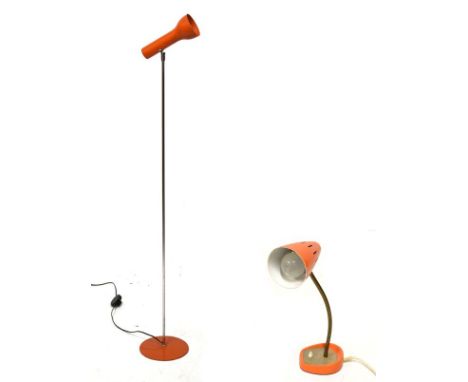 Modern Design - Retro floor standing lamp with orange head and base, together with a similar desk lamp (2)   Condition: 