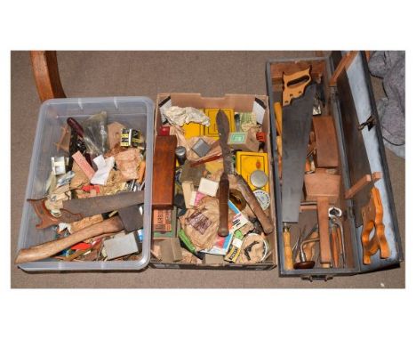 Three boxes containing a selection of vintage woodworking and other tools to include; wooden box fitted with saws, bullnose p