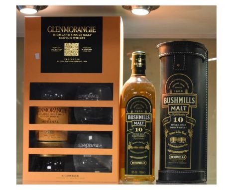 Wines &amp; Spirits - Bottle of Bushmills Single Malt Irish Whiskey, in a leather container, together with a bottle of Glenmo