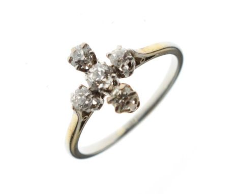 Five stone diamond ring, the shank stamped '18c', size K, 2.1g gross approx   Condition: 